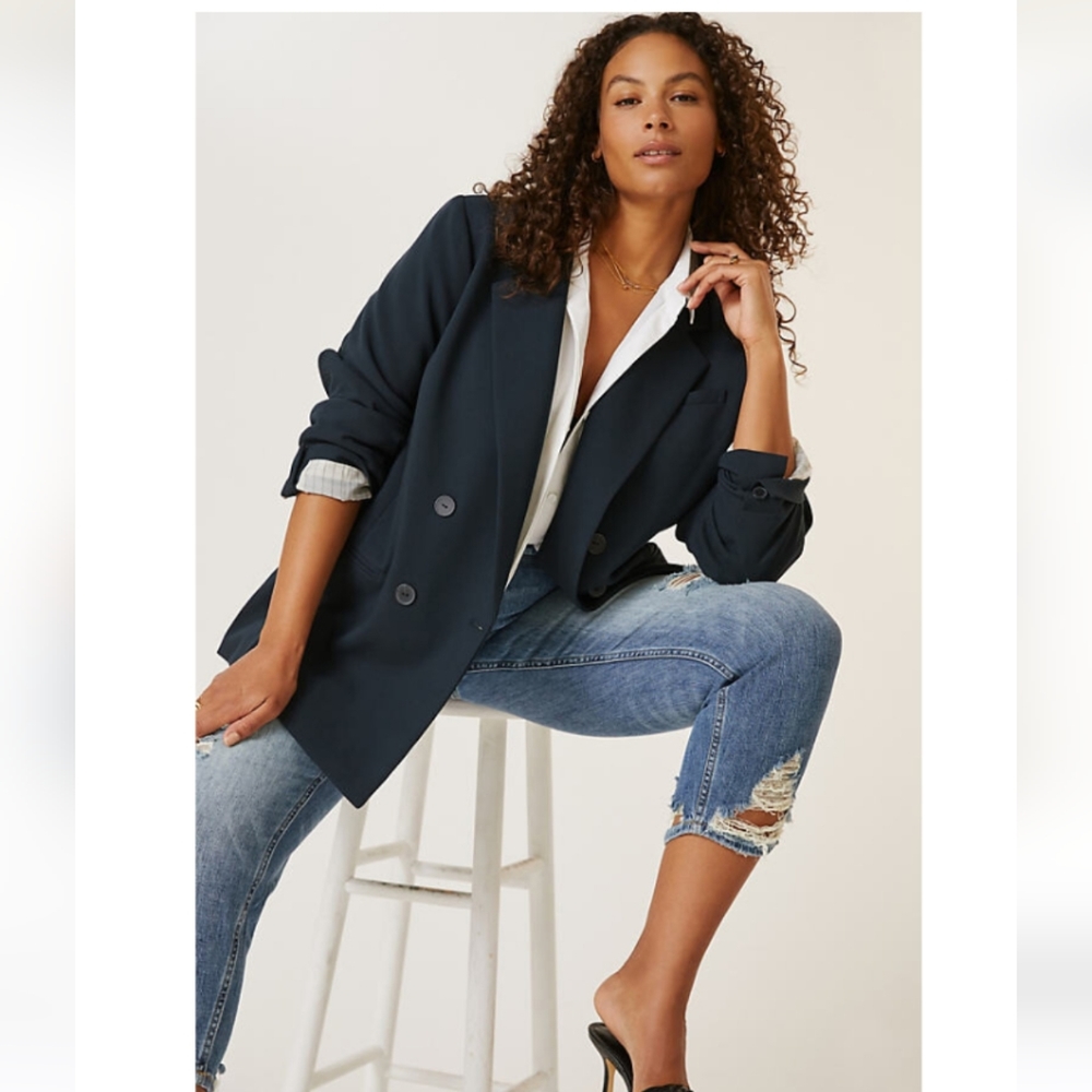 Anthropologie Maeve Double-Breasted Blazer, Black Noir, Size 0 (runs large)